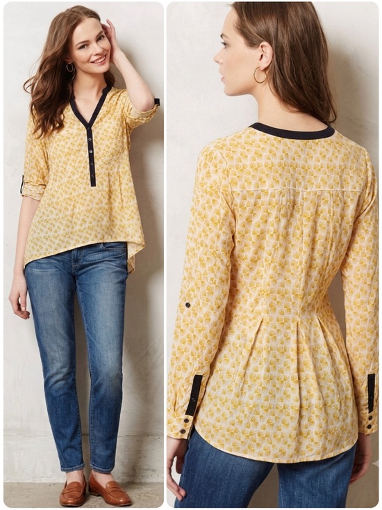 Anthropologie Tops - Anthropologie Vanessa Virginia Honore Yellow Motif Roll Tab Sleeve Blouse Size 4
